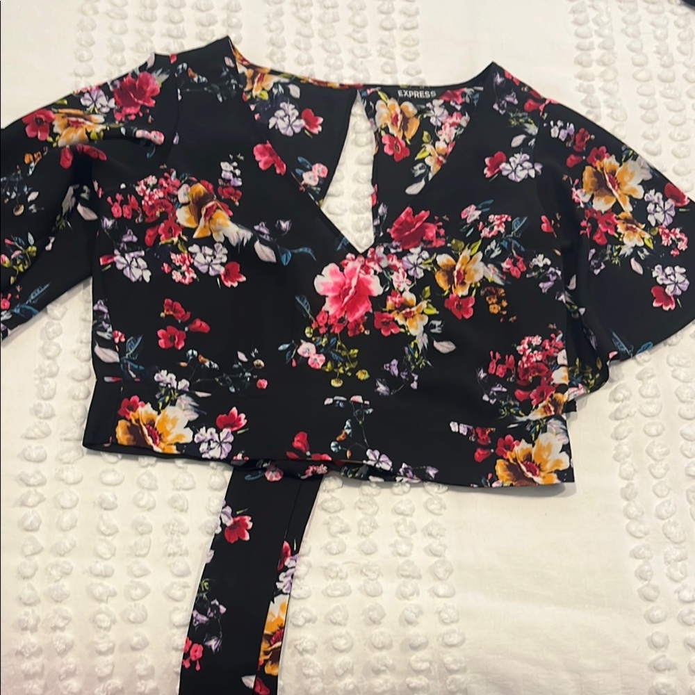 Express Black and Pink 3/4 Sleeve Wrap Blouse